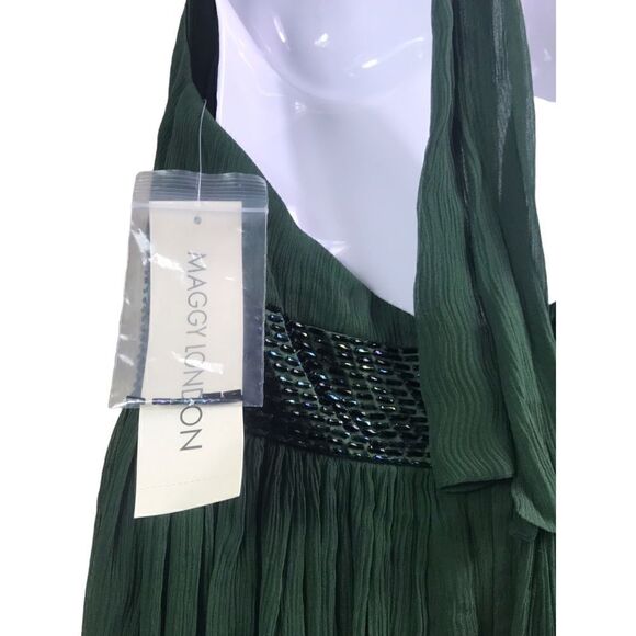 Maggy London Green Crepey Halter Beaded Gown Dress - Picture 7 of 13